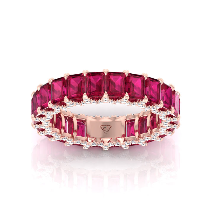 Emerald Cut Natural Red Ruby Eternity Band with Invisible Halo