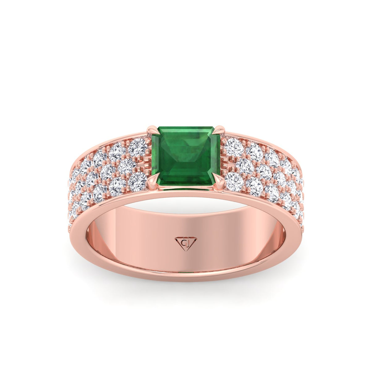 Natural Green Emerald Cushion Cut with Pave Eternity Band RG 2