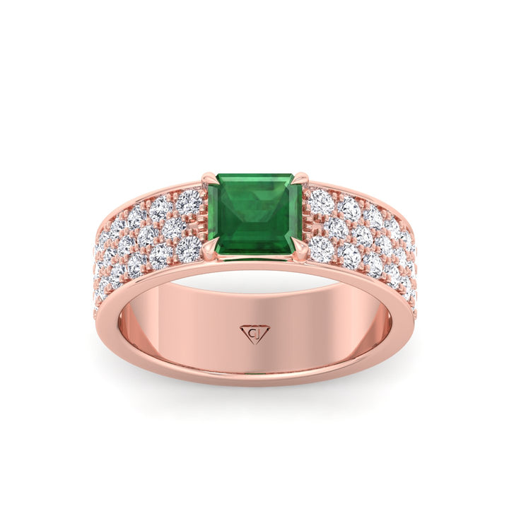 Natural Green Emerald Cushion Cut with Pave Eternity Band RG 2