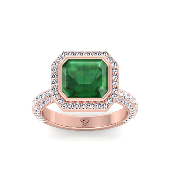 Natural Green Emerald Halo Engagement Ring With Pave Band