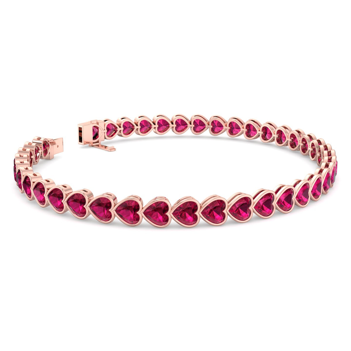 East to West Heart Shape Bezel Set Natural Red Ruby Tennis Bracelet Rose Gold 14K