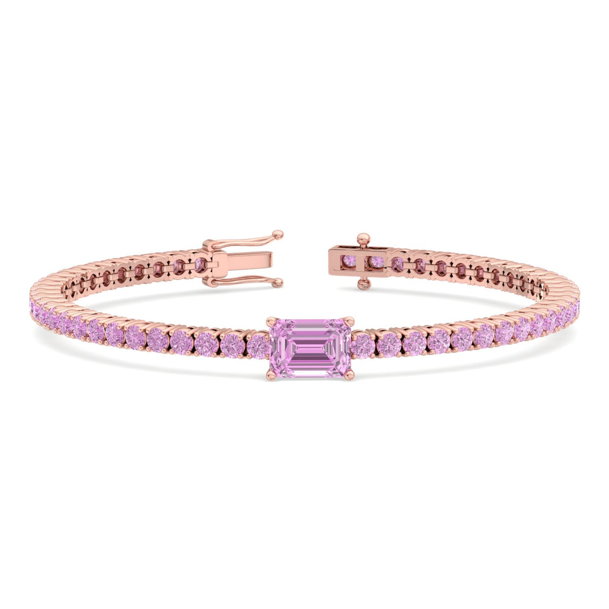 Pierra - Single Stone Emerald Shape Natural Pink Sapphire Tennis Bracelet - Gem Jewelers Co