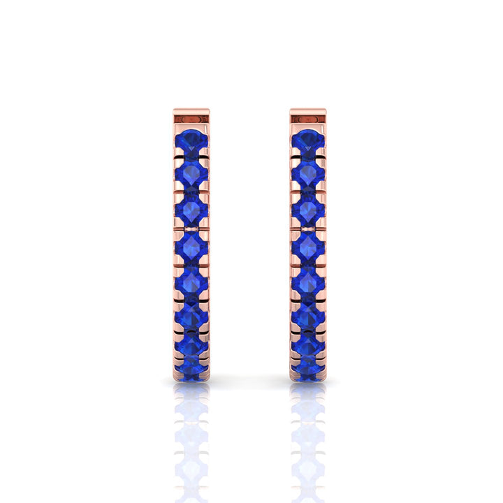 Natural Blue Sapphire Round Shape Huggie Hoop Earrings Rose Gold 18K 1