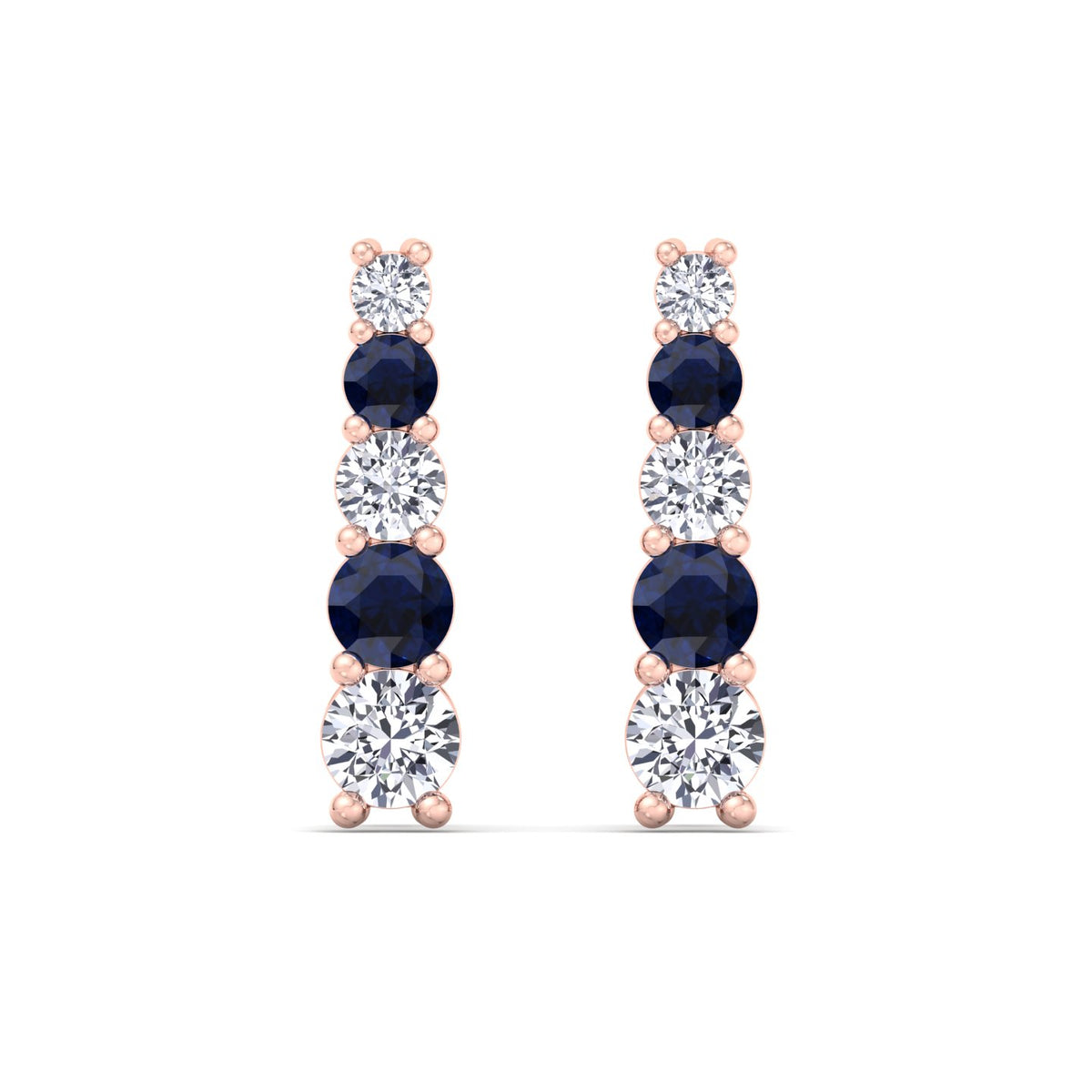 Graduated Natural Diamond and Blue Sapphire Climber Earrings-3CT-14K-Rose Gold