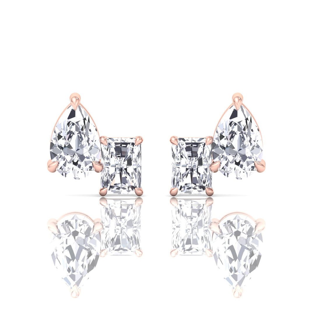 Radiant and Pear Shape Toi Et Moi Natural Diamond Studs-14K-18K-- Rose Gold