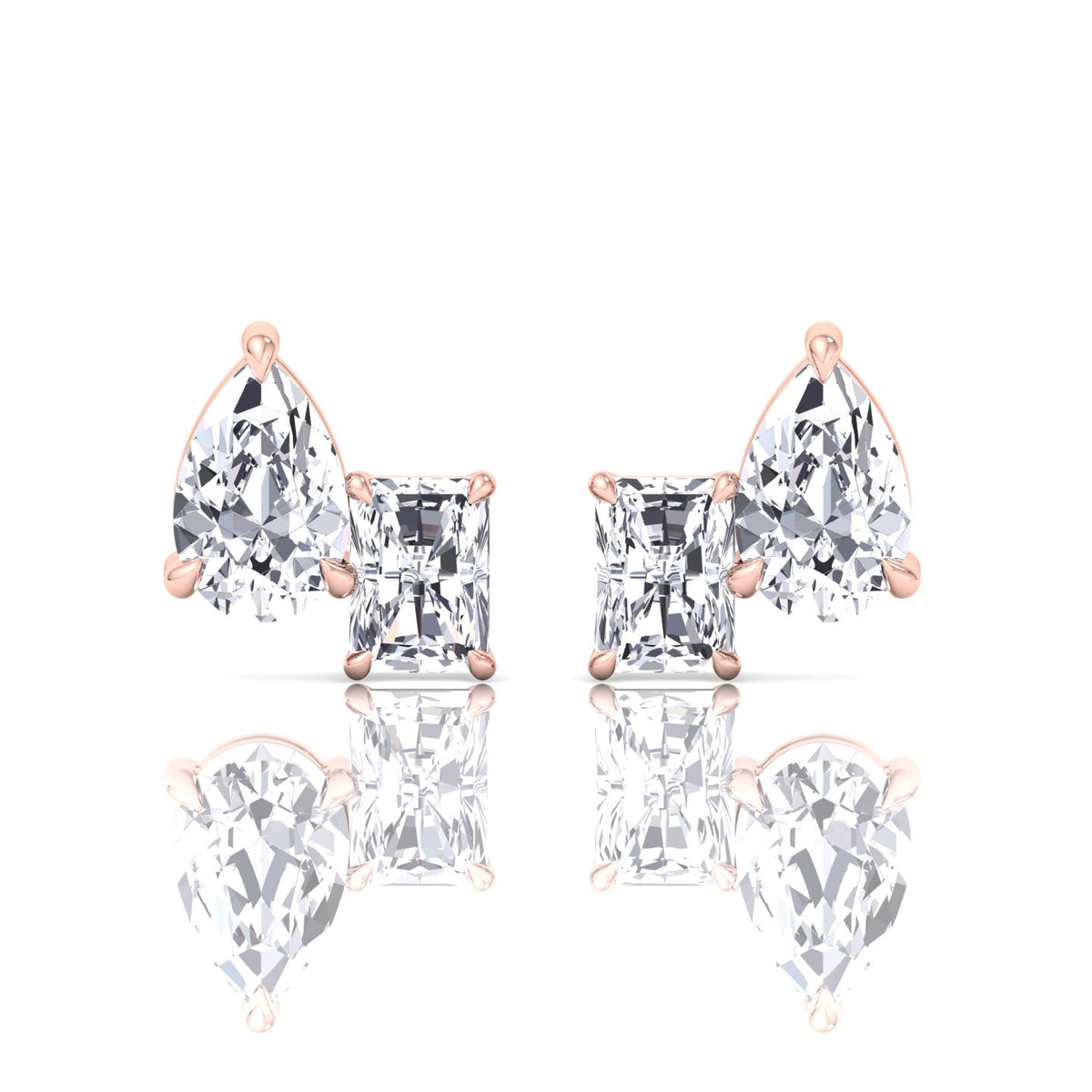 Radiant and Pear Shape Toi Et Moi Natural Diamond Studs-14K-18K-- Rose Gold