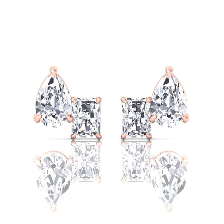 Radiant and Pear Shape Toi Et Moi Natural Diamond Studs-14K-18K-- Rose Gold