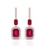 Natural Red Ruby Emerald Shape & Diamond Drop Earrings- Rose Gold - 18K - 14K