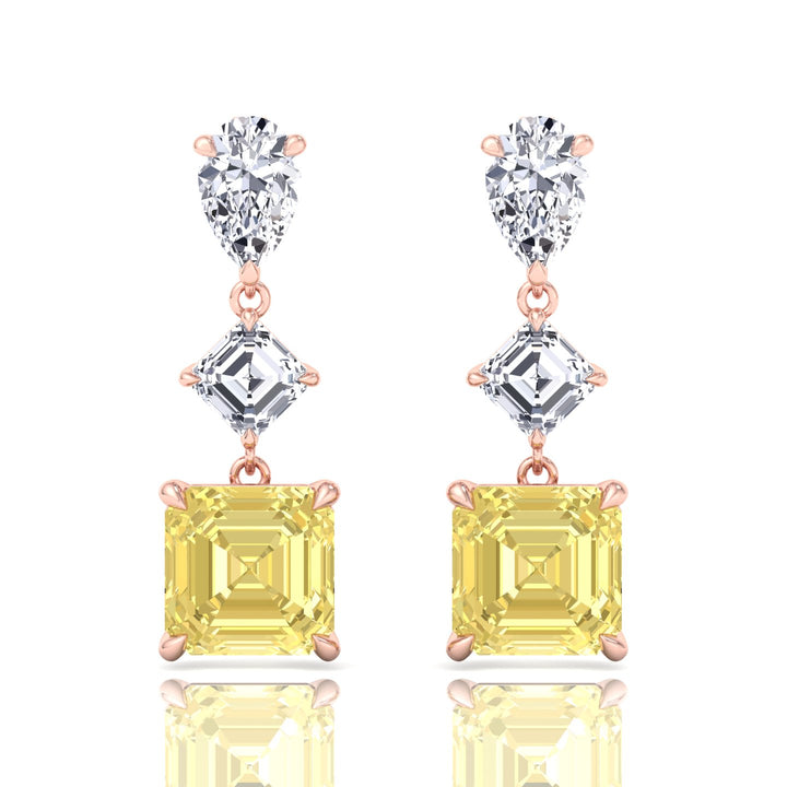 Pear & Asscher Cut Natural Diamond & Fancy Yellow Diamond Drop Earrings