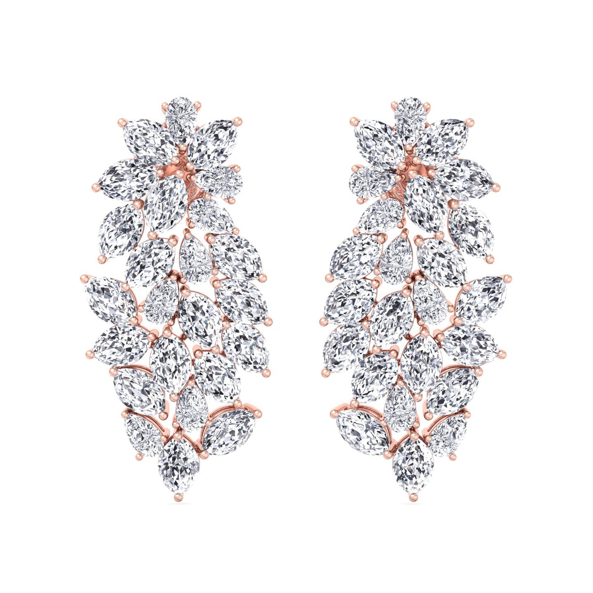 Cluster Pear and Marquise Shape Natural Diamond Drop Earrings Rose Gold 14K 