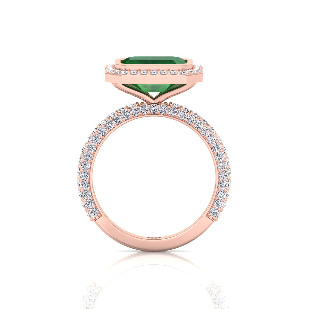Natural Green Emerald Halo Engagement Ring With Pave Band