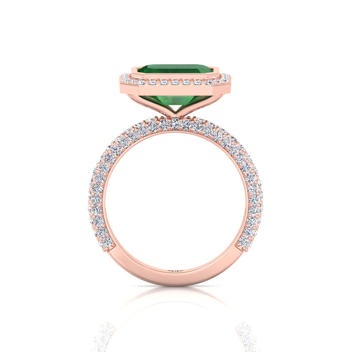 Natural Green Emerald Halo Engagement Ring With Pave Band