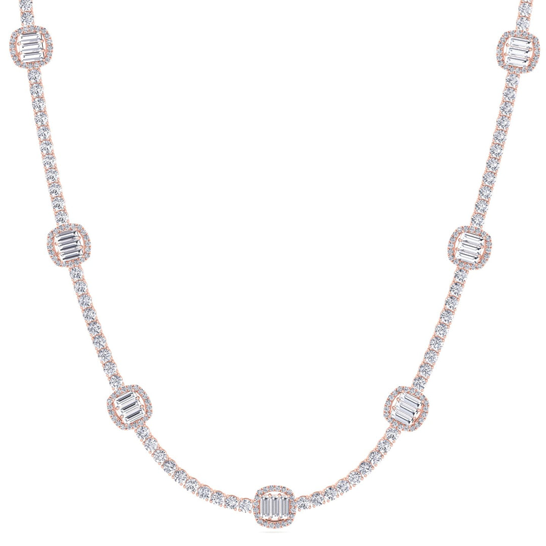 Emerald Shape Halo Station Natural Diamond Tennis Necklace in 14K Solid Gold Rose Gold 18K
