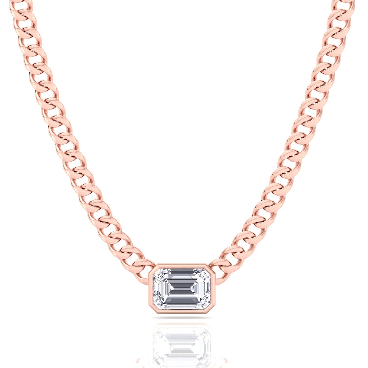 Bezel Set Emerald Cut Natural Diamond Cuban Chain Necklace Rose Gold 18K