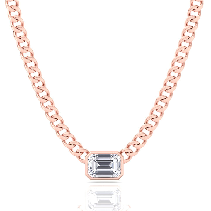 Bezel Set Emerald Cut Natural Diamond Cuban Chain Necklace Rose Gold 18K