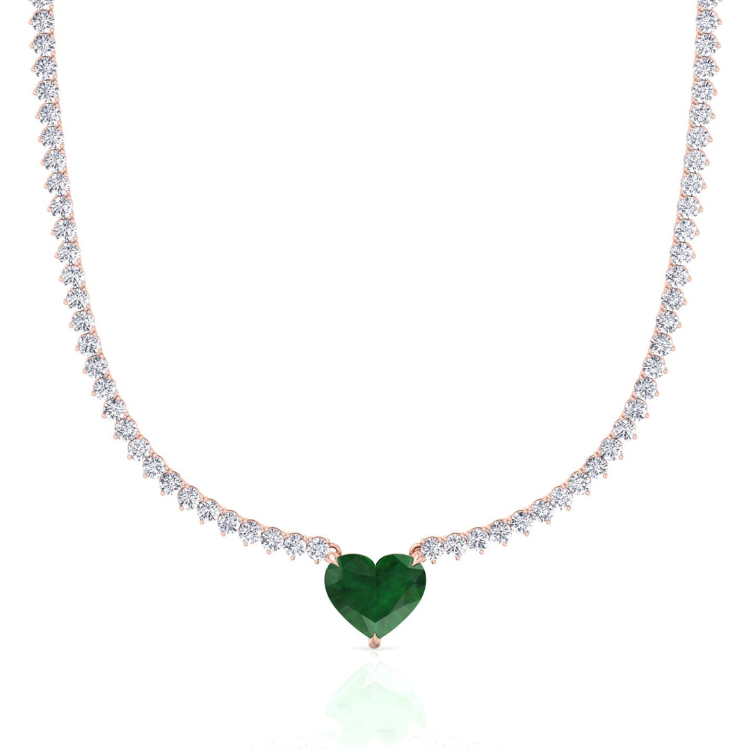  3-Prong Tennis Necklace with Green Emerald Heart Shape Pendant RG