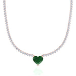  3-Prong Tennis Necklace with Green Emerald Heart Shape Pendant RG