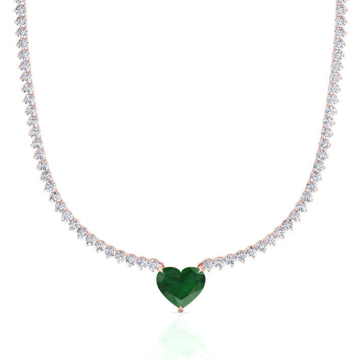  3-Prong Tennis Necklace with Green Emerald Heart Shape Pendant RG