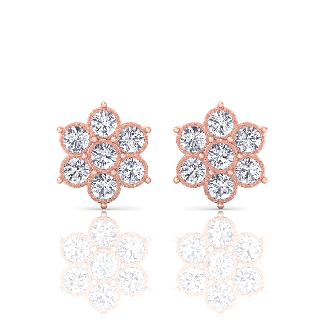 Vintage Style Natural Diamond Flower Earrings Rose Gold 14K 