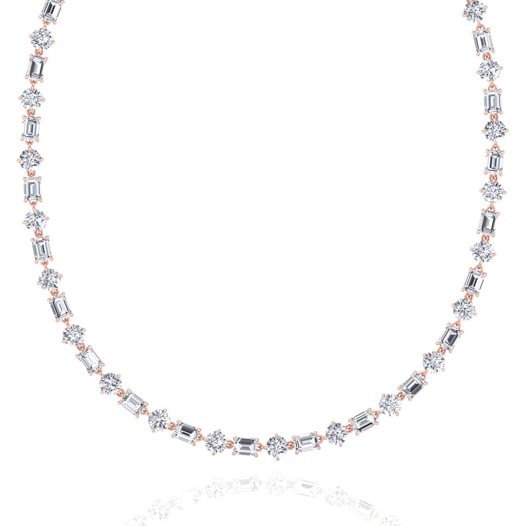 Alternating Emerald and Round Natural Diamond Tennis Necklace Rose Gold 14K