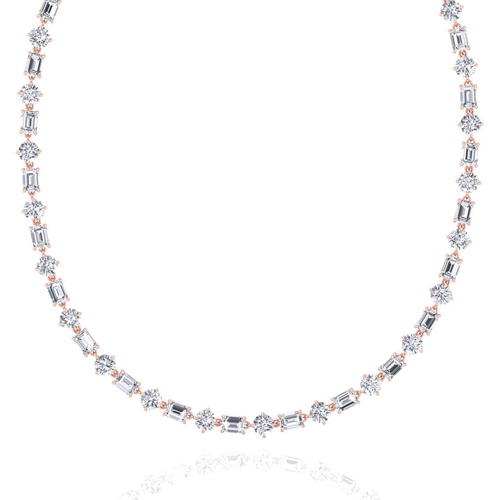 Alternating Emerald and Round Natural Diamond Tennis Necklace Rose Gold 14K