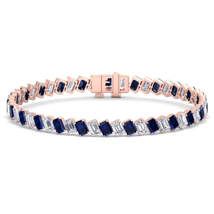 Alternating Emerald Shape Natural Blue Sapphire & Natural Diamond Diagonal Tennis Bracelet 18K Solid Gold