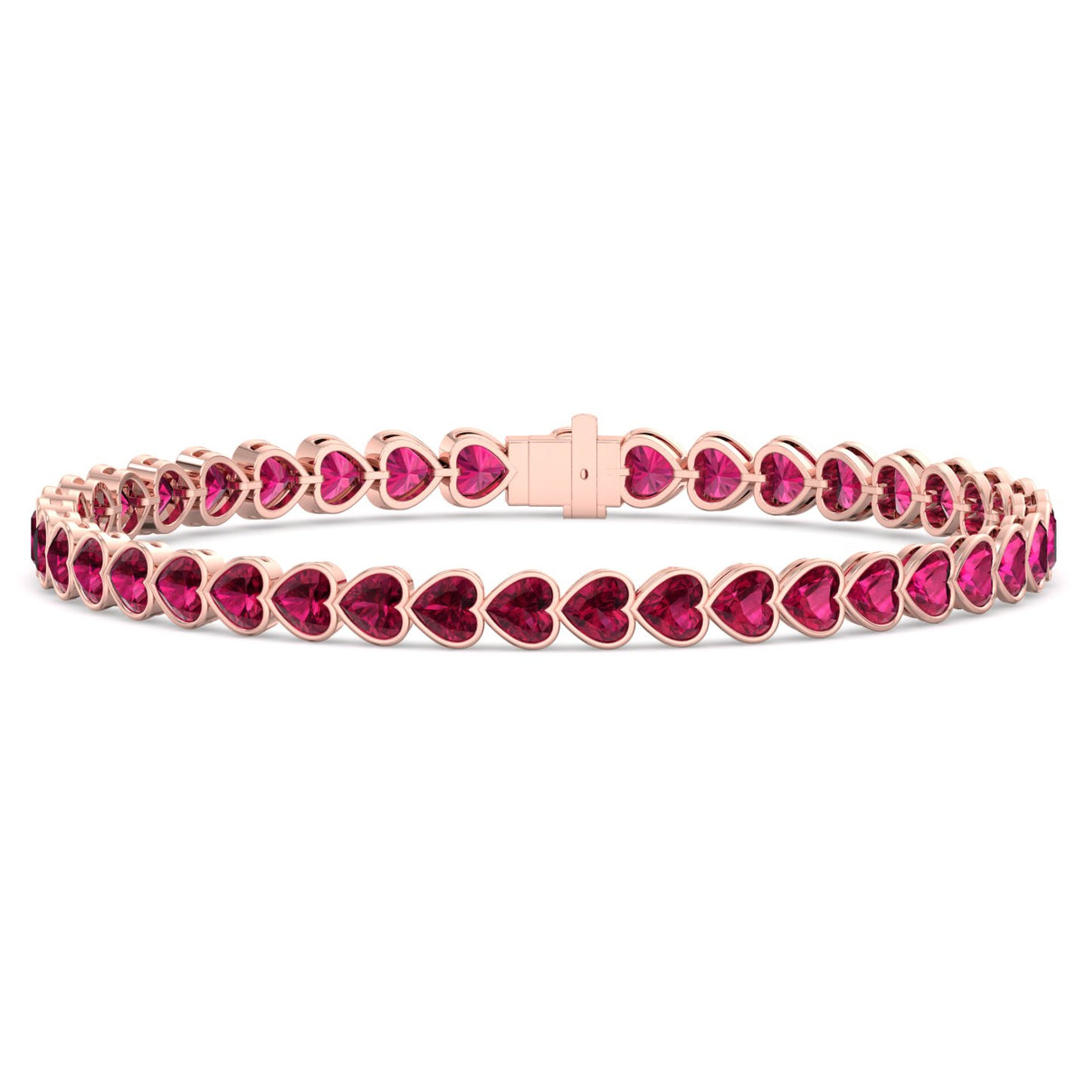 East to West Heart Shape Bezel Set Natural Red Ruby Tennis Bracelet Rose Gold 18K