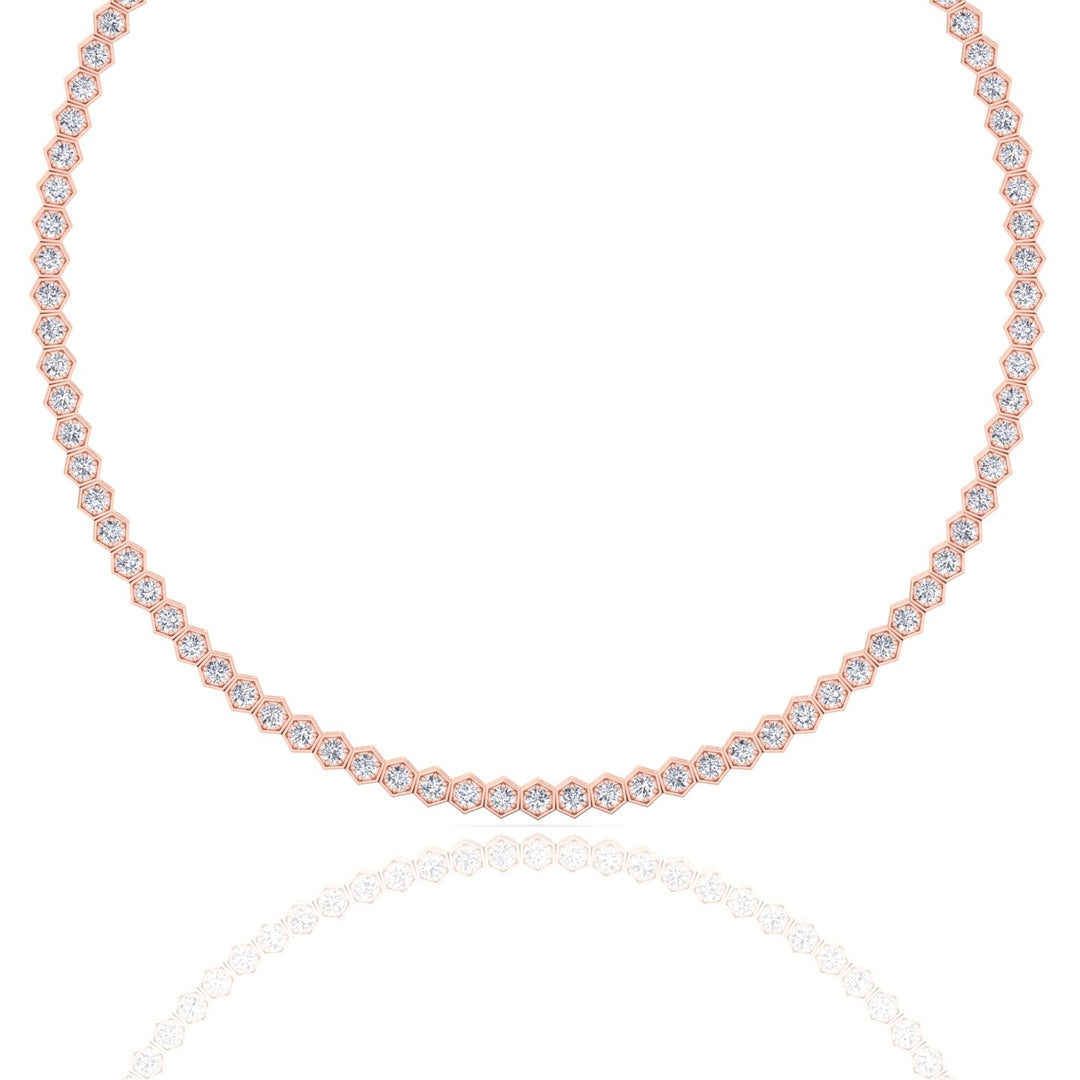 Hexagonal Bezel Set Natural Diamond Tennis Necklace Rose Gold, 10.5ct