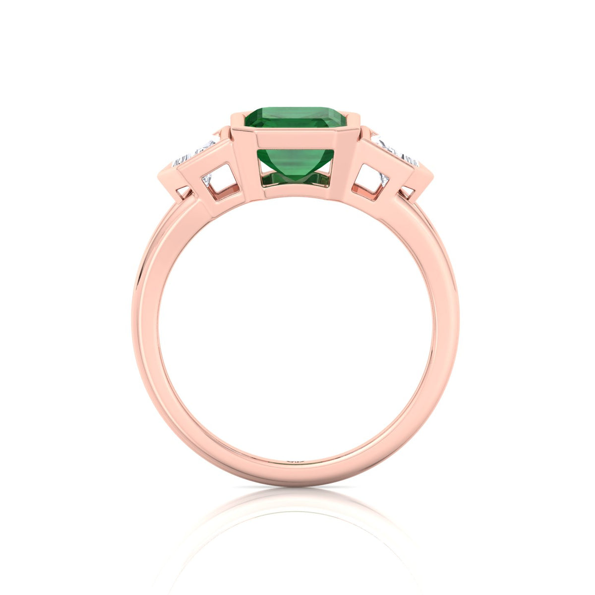 Bezel Set Natural Emerald Shape Green Emerald with Half Moon Diamond Sidestones Engagement Ring Rose Gold