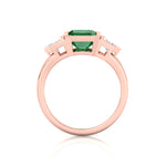 Bezel Set Natural Emerald Shape Green Emerald with Half Moon Diamond Sidestones Engagement Ring Rose Gold