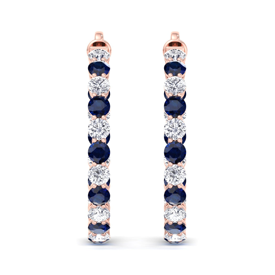 Alternating Natural Blue Sapphire and Diamond Inside Out Hoop Earrings Rose Gold 14K