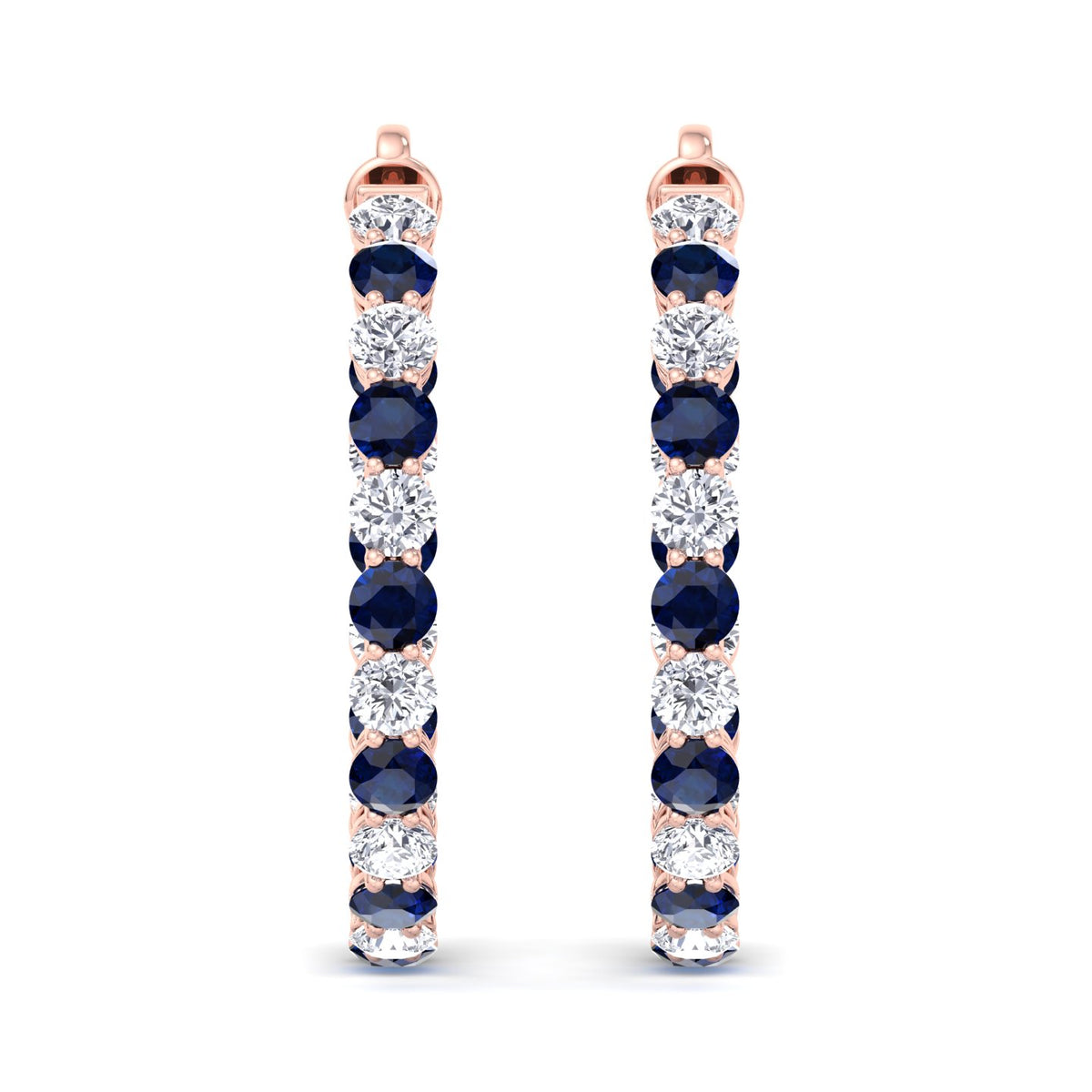 Alternating Natural Blue Sapphire and Diamond Inside Out Hoop Earrings Rose Gold 14K
