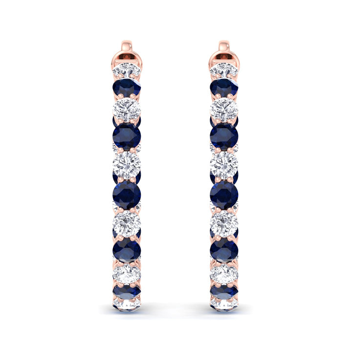 Alternating Natural Blue Sapphire and Diamond Inside Out Hoop Earrings Rose Gold 14K