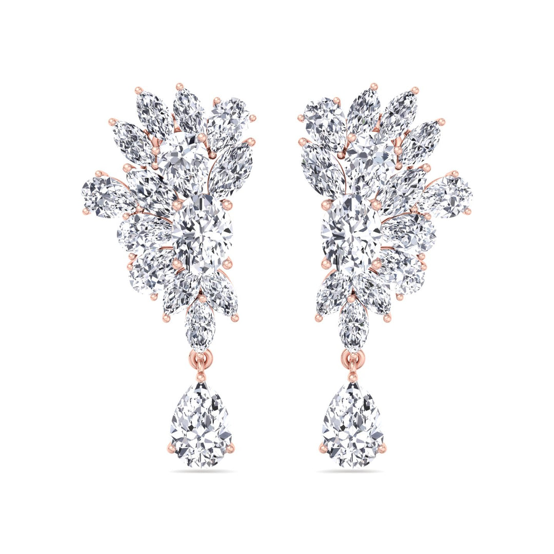 Cluster Marquise and Pear Shape Natural Diamond Drop Earrings Rose Gold 14K