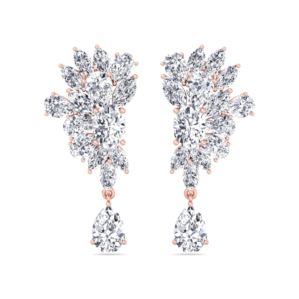 Cluster Marquise and Pear Shape Natural Diamond Drop Earrings Rose Gold 14K