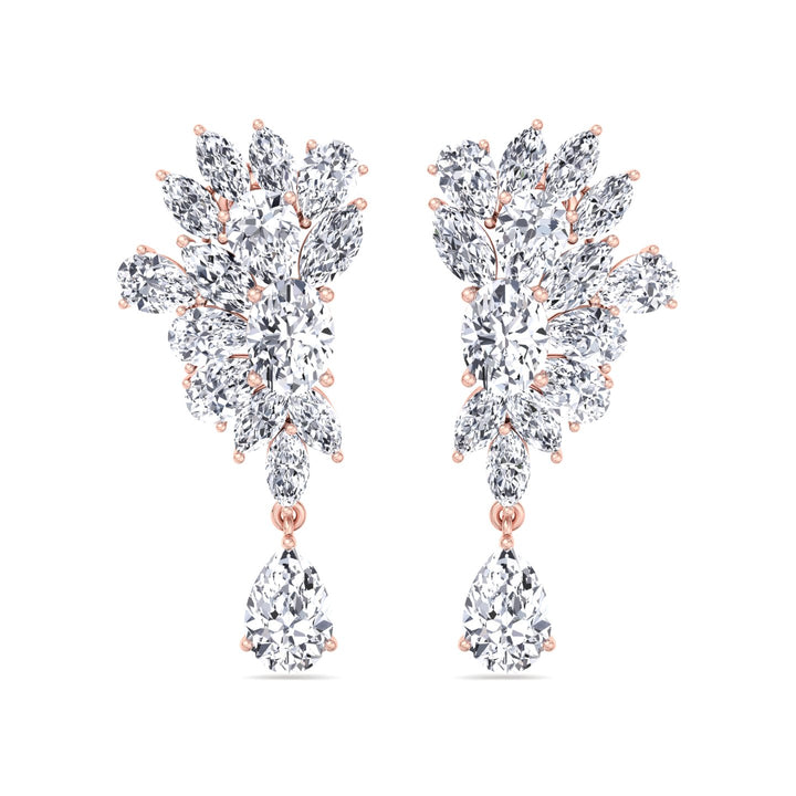 Cluster Marquise and Pear Shape Natural Diamond Drop Earrings Rose Gold 14K