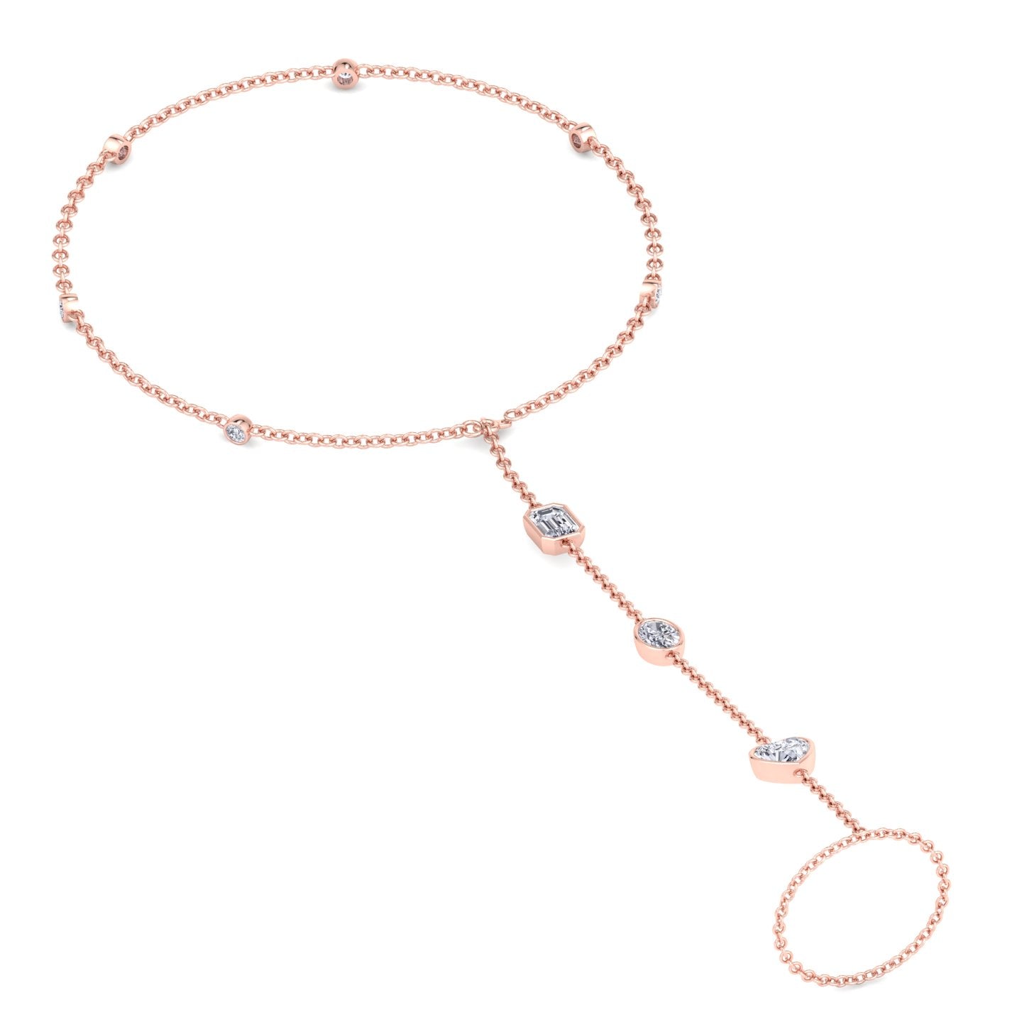 Bezel Set Natural Diamond Hand Ring Chain Rose Gold 1.25ct 