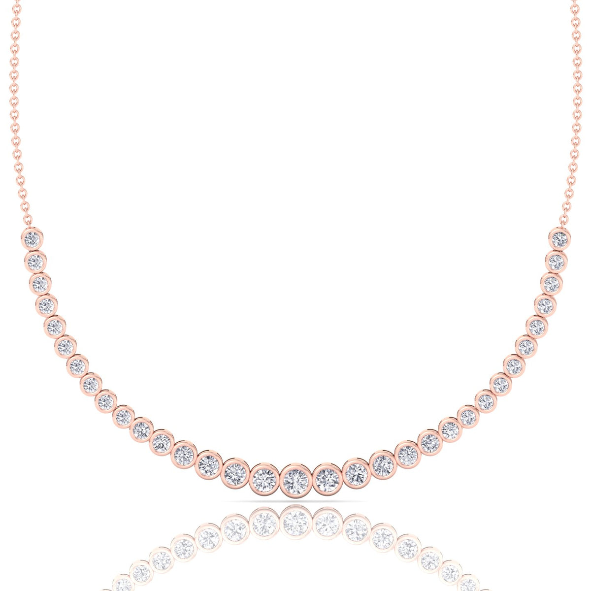 Halfway Graduated Bezel Set Natural Diamond Tennis Necklace Rose Gold 18K
