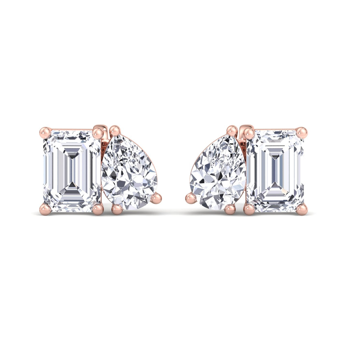 Emerald and Pear Shape Toi Et Moi Natural Diamond Studs Rose