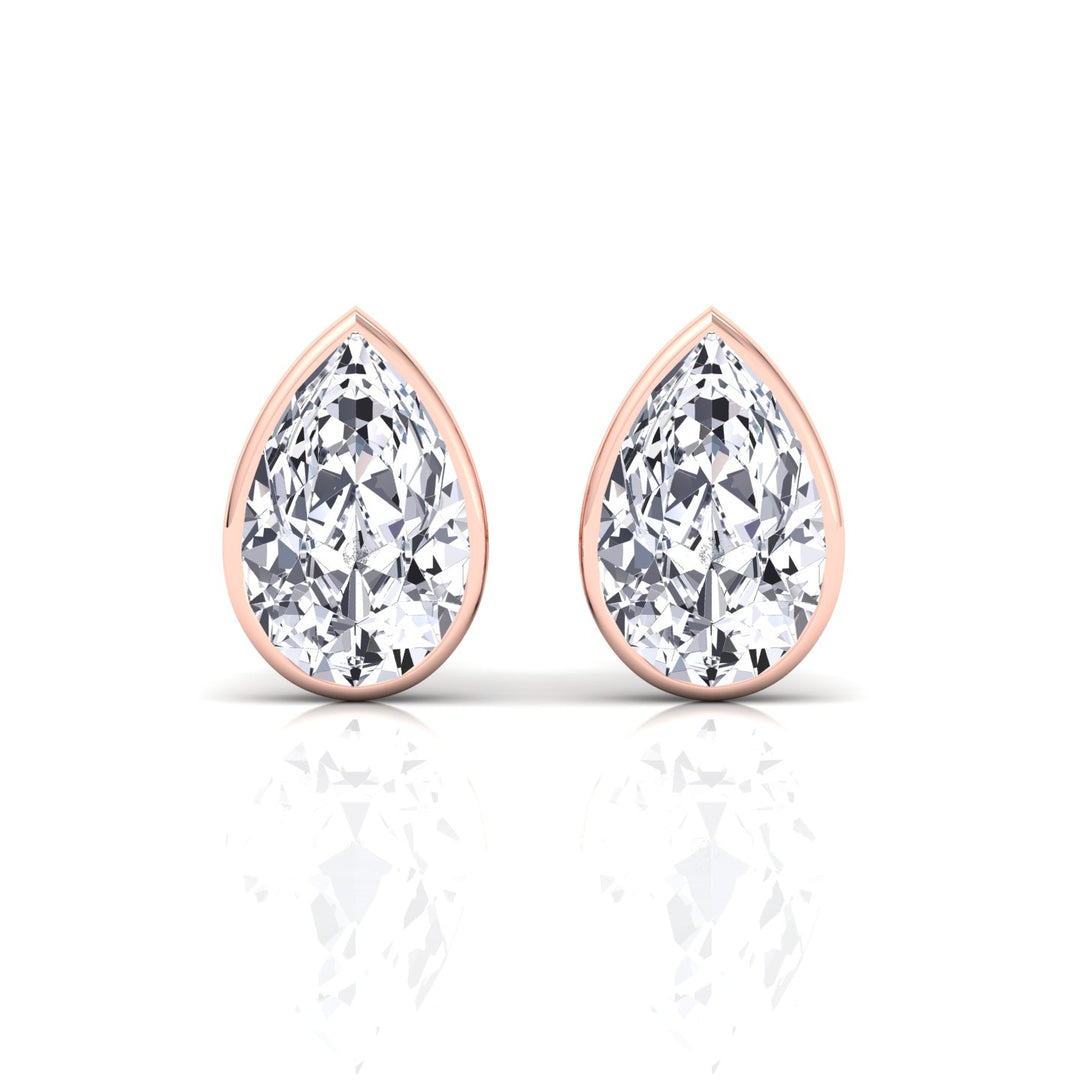 Bezel Set Pear Shape Natural Diamond Studs-14K-18K-0.5CT-1CT-2CT-Rose Gold