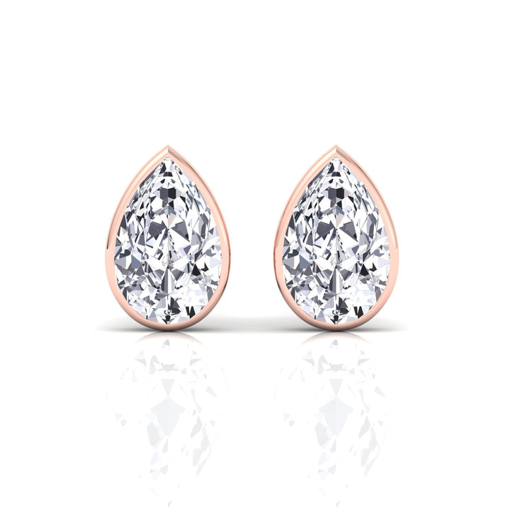 Bezel Set Pear Shape Natural Diamond Studs-14K-18K-0.5CT-1CT-2CT-Rose Gold