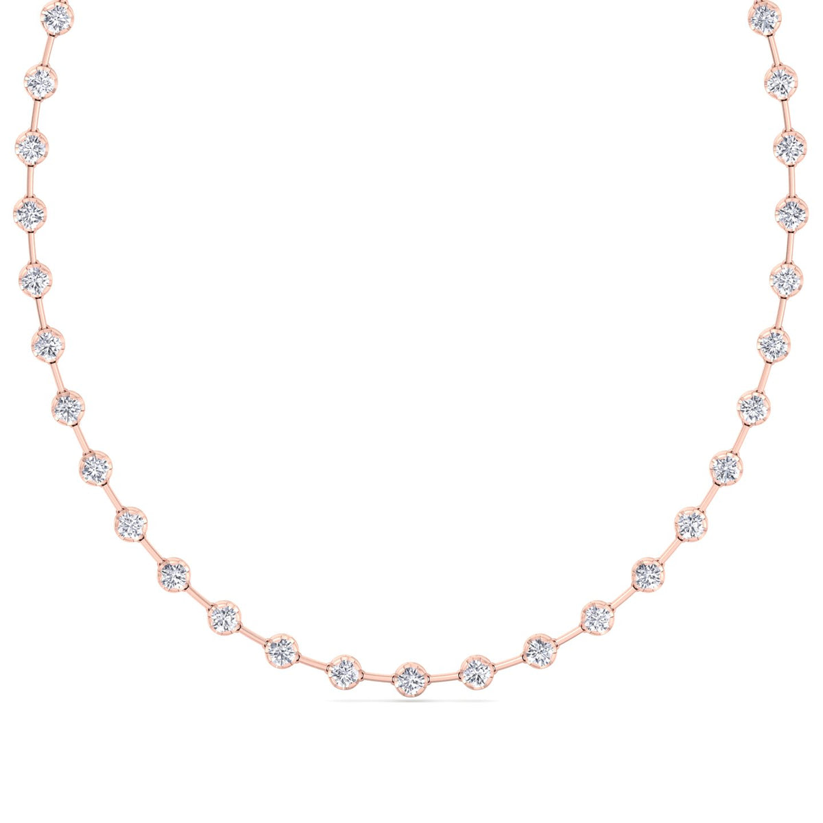 Crown Prong Round Natural Diamond Bar Necklace Rose Gold 18K