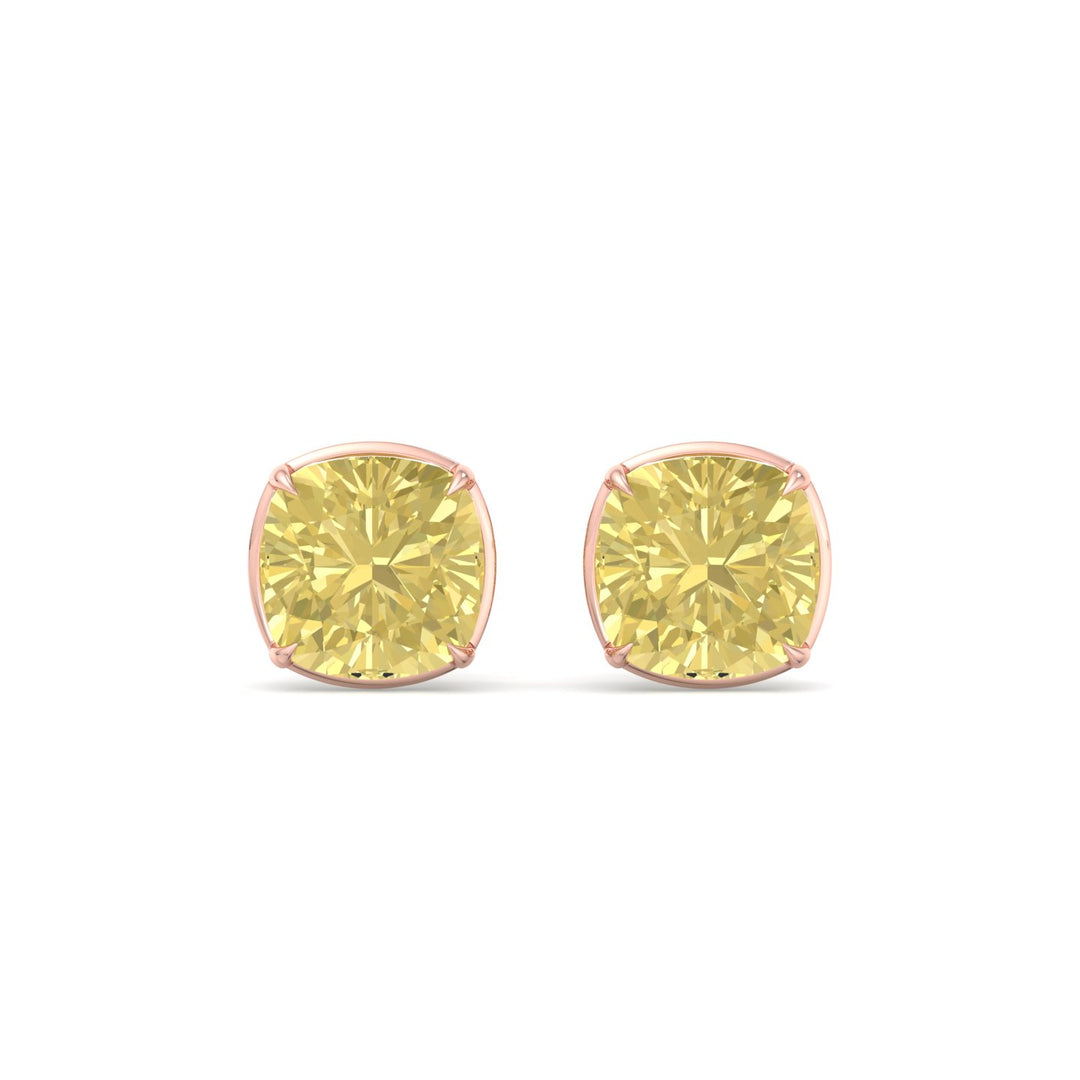 Natural Fancy Yellow Cushion Cut Diamond Studs Rose Gold 14K 18K