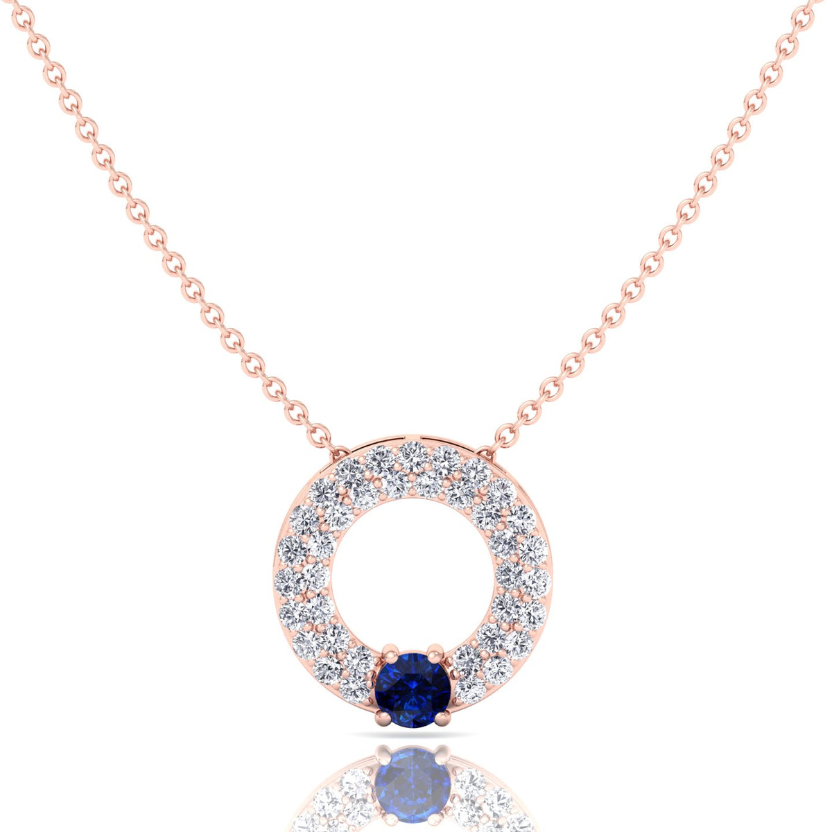 Round Shape Natural Diamond & Blue Sapphire Open Circle Pendant-1.25CT-Rose Gold