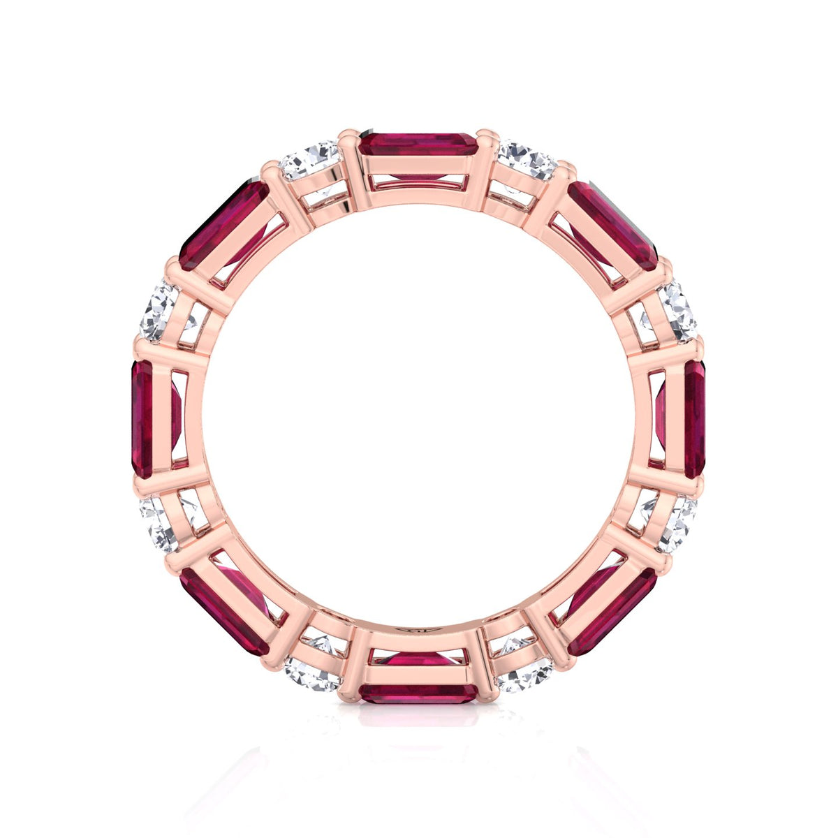 Alternating Natural Emerald Shape Red Ruby and Round Shape Diamond Eternity Band Rose Gold