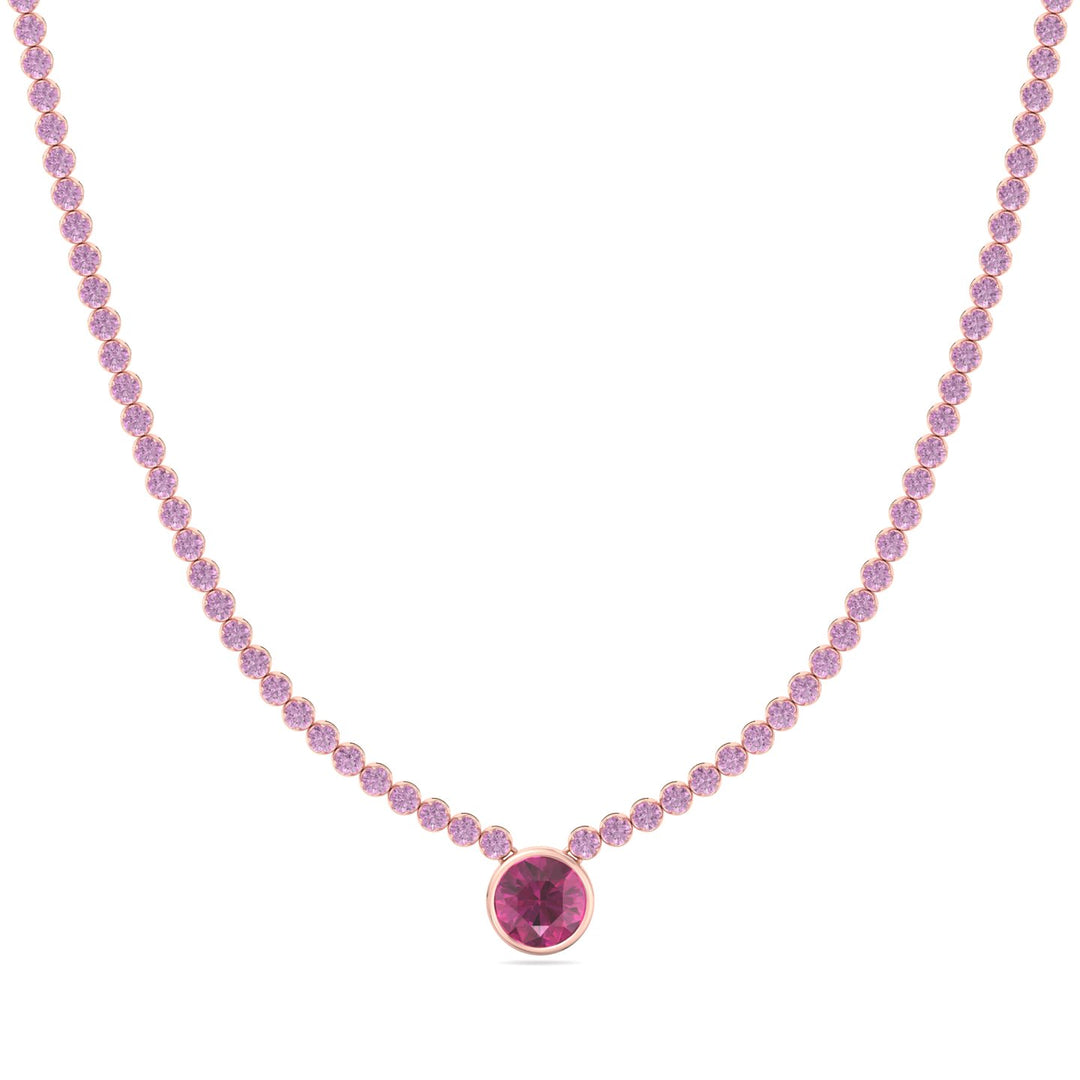 9.5CT T.W Round Cut Crown Prong Natural Pink Sapphire Tennis Necklace with Round Bezel Pendant