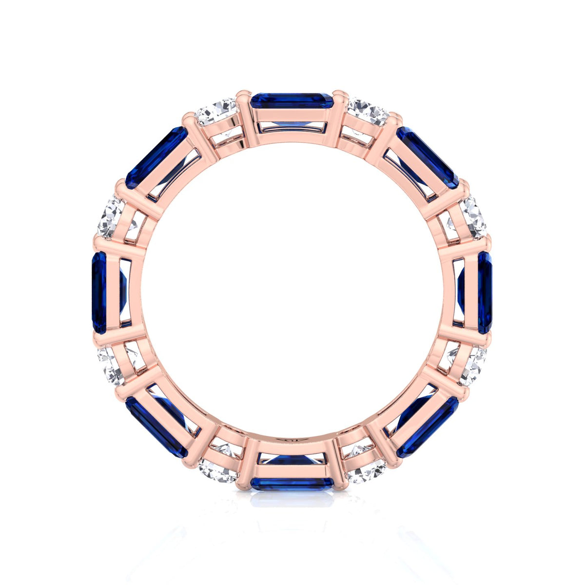 Alternating Natural Emerald Shape Blue Sapphire and Round Shape Diamond Eternity Band Rose Gold