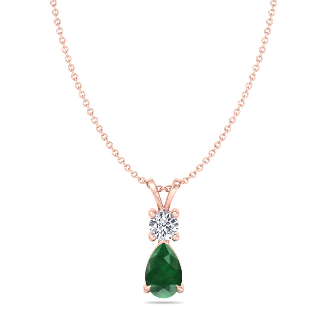 Natural Pear Shape Green Emerald & Round Shape Diamond Teardrop Pendant Necklace