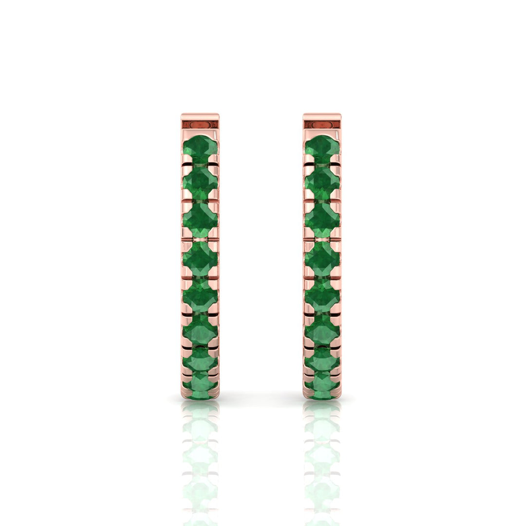 Natural Green Emerald Round Shape Huggie Hoop Earrings Rose Gold 14K 1