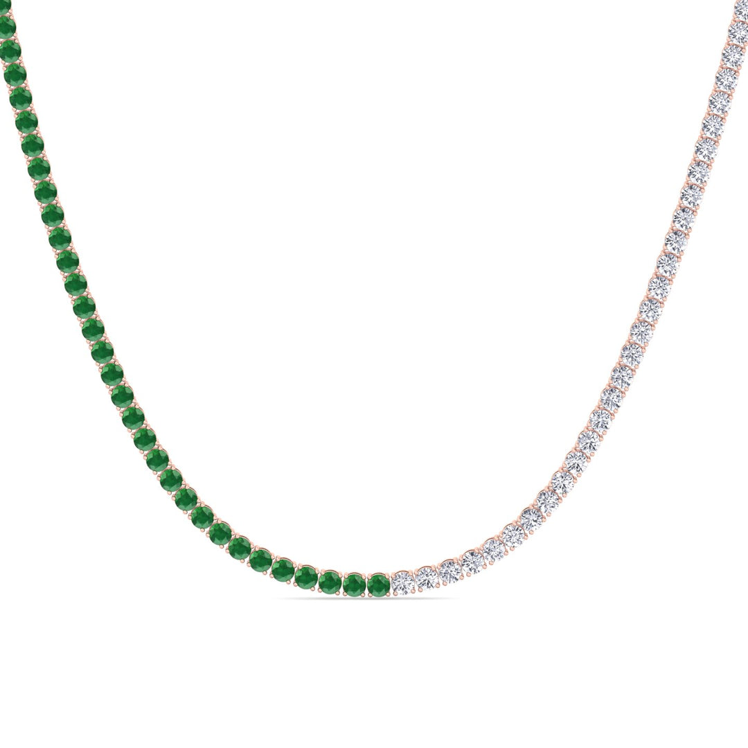Natural Half Green Emerald and Diamond Tennis Necklace Rose Gold 18K
